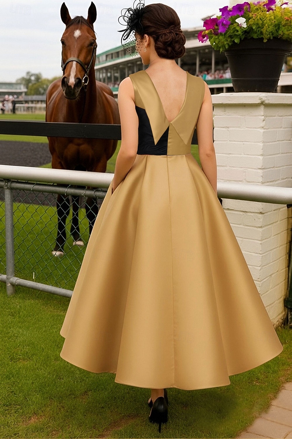 Linia -A Lungime Gleznă Rochie Derby Rochie Mama Miresei Fără manșon Stil Nautic Gât Înalt Elegant Kentucky Derby Satin cu Arc Bloc Culoare 2026 - $142.99 –P2