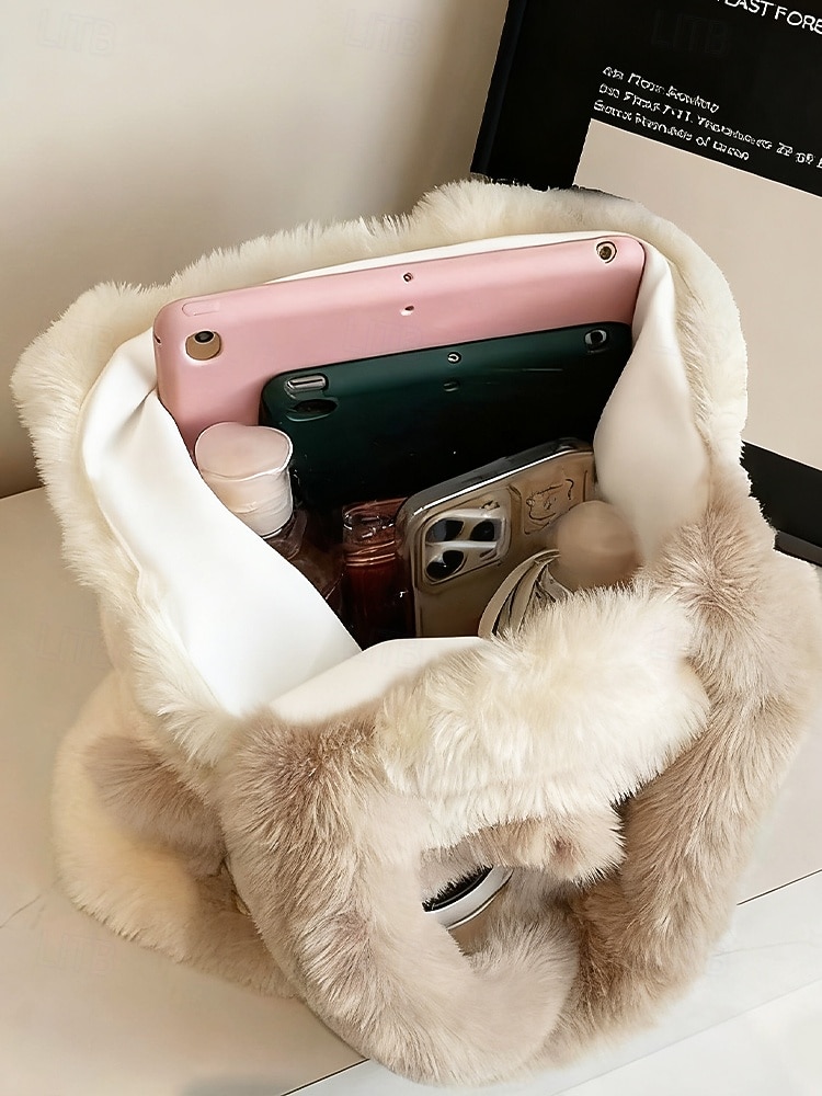 damska pluszowa torba typu tote z motywem kociej buzi, dostępna w wielu kolorach, z miękkiego futerka, o uroczym i zabawnym designie, idealna na niezobowiązujące wyjścia i jako prezent 2026 - $18.99 –P10