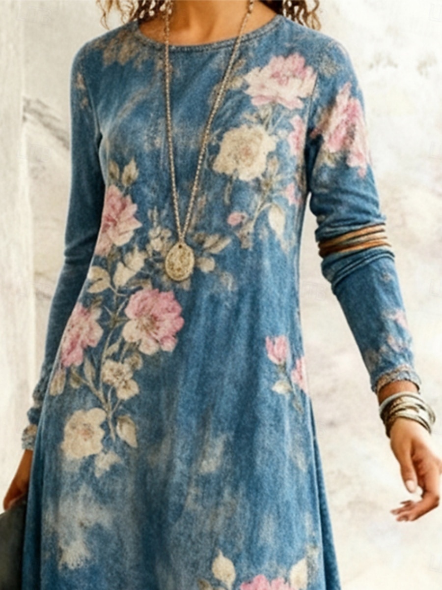 Women's Long Dress Maxi Dress Casual Dress Swing Dress Boho Dress Vintage Daily Outdoor Weekend Regular Fit Floral Long Sleeve Crew Neck Blue Spring Fall Winter 2026 - $34.99 –P2