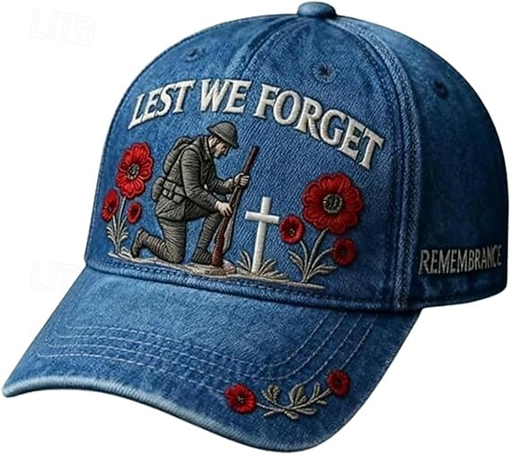 Cappello commemorativo "Lest We forget", berretto ricamato con fiori di papavero per veterani, tributo militare ed eroi caduti. del 2026 a $21.99 –P10