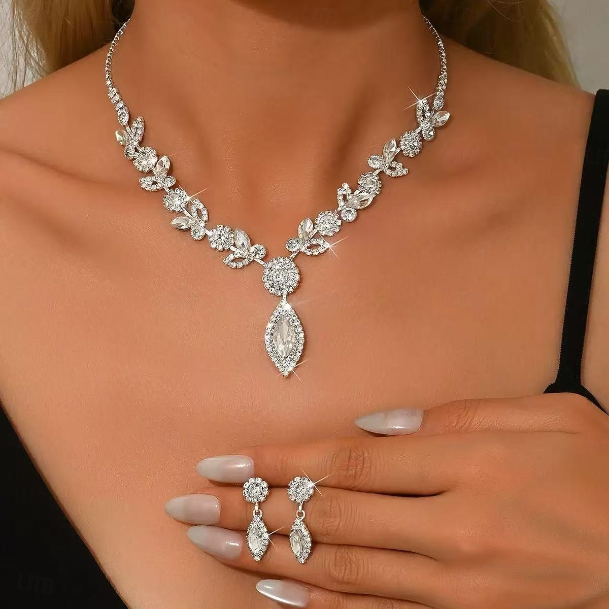 set di collana e orecchini da sposa in cristallo da donna - gioielli da sposa con design a foglia di strass scintillanti per le spose &occasioni di festa del 2026 a $11.99 –P3