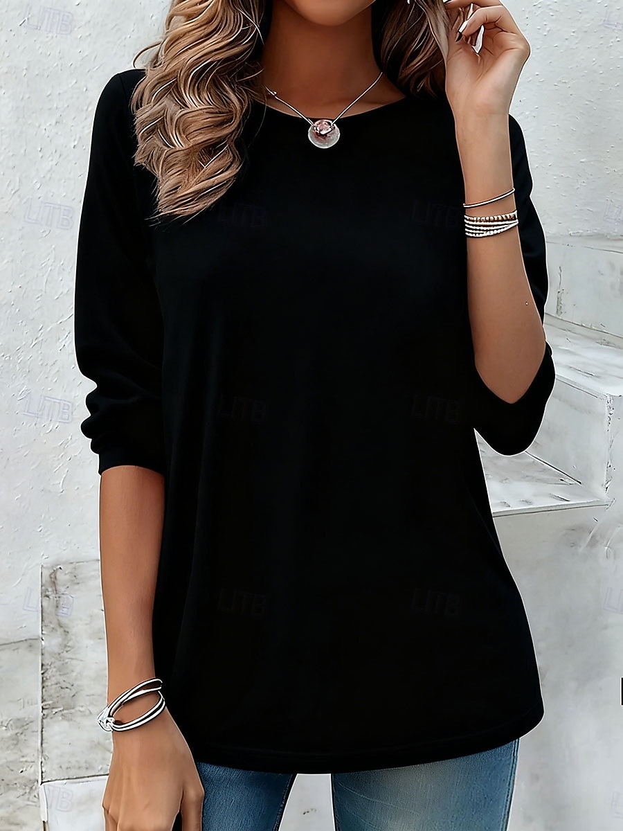 Women's T Shirt Plain Vintage Stylish Classic Long Sleeve Crew Neck Regular Tops Daily Print Blue Black White Yellow Pink Spring Fall Winter 2025 - $22.99 –P6