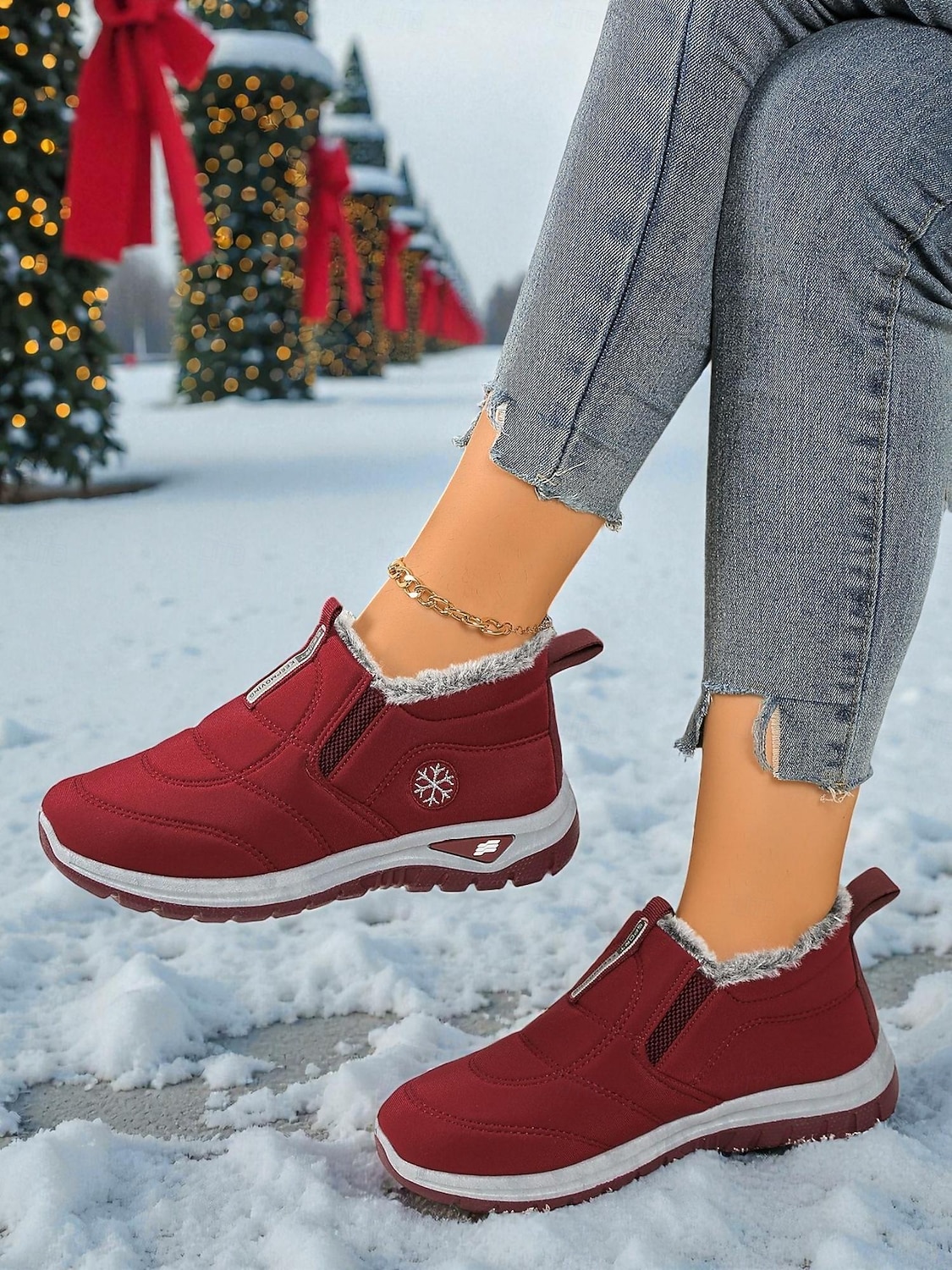 Sneakers invernali da donna in caldo pile foderate in bordeaux - comode scarpe da esterno comode e impermeabili slip-on per il freddo e i viaggi di Natale del 2026 a $24.99 –P5