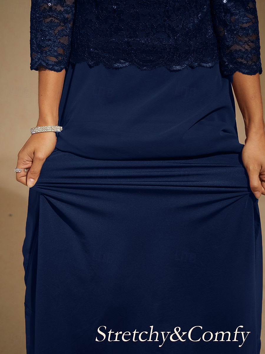 Naisten maksimekko sifonkimekko pitsipaljeteilla kirjailtu tyylikäs iltajuhla yksivärinen 3/4-hihainen pyöreä kaula-aukko tummansininen kevät syksy talvi 2025 - $132.99 –P3