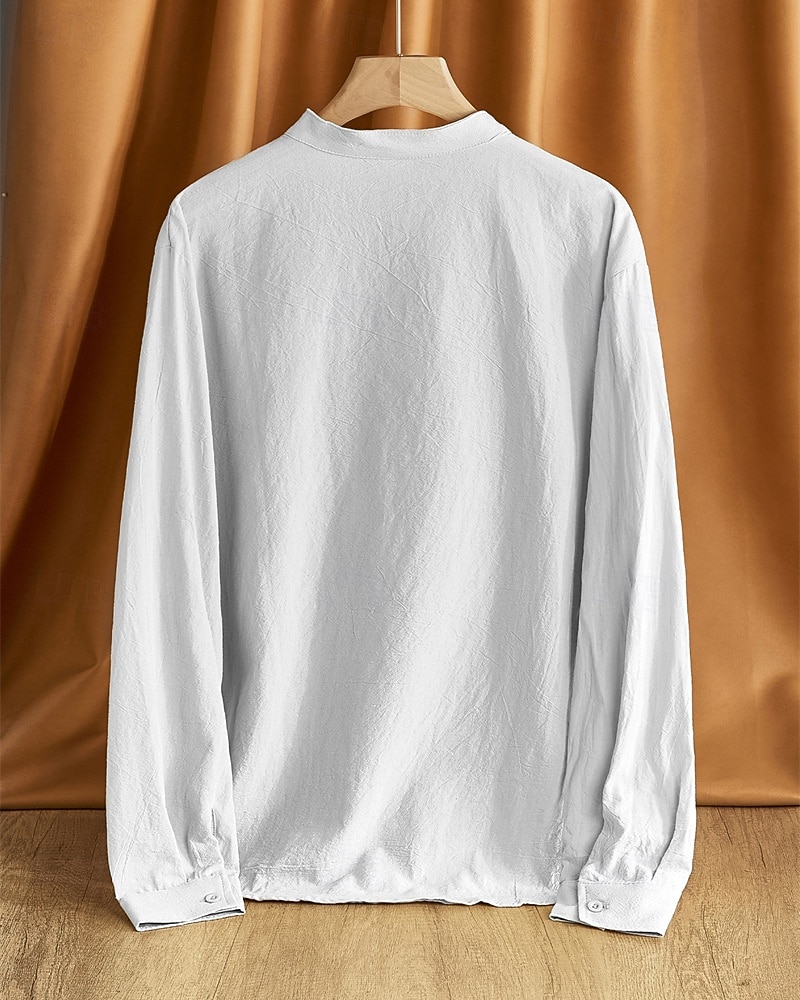 Per uomo Camicia Camicia di lino Camicia popover Camicia casual Camicia di cotone Semplice Vacanza Camicia hawaiana Nero Bianco Cachi Verde militare Manica Lunga Colletto alla coreana Primavera del 2025 a $24.99 –P17