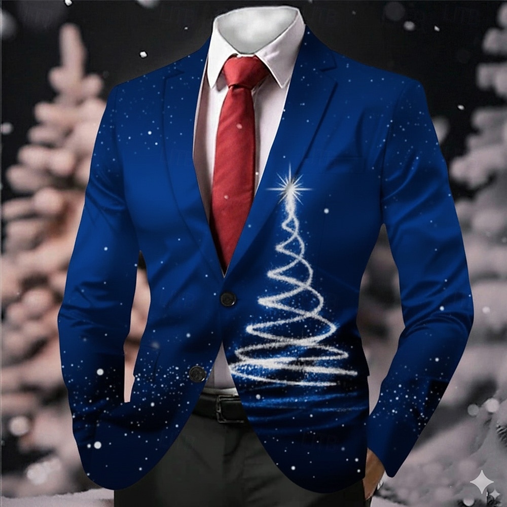 Weihnachten Herren Weihnachtsbaum Blazerjacke Mantel Bequem Lässig Party-Abendmode Täglich Festival 3D-Druck Knöpfe Herbst Winter Fallendes Revers Langarm Blau Rote Grün 2025 - $64.99 –P3