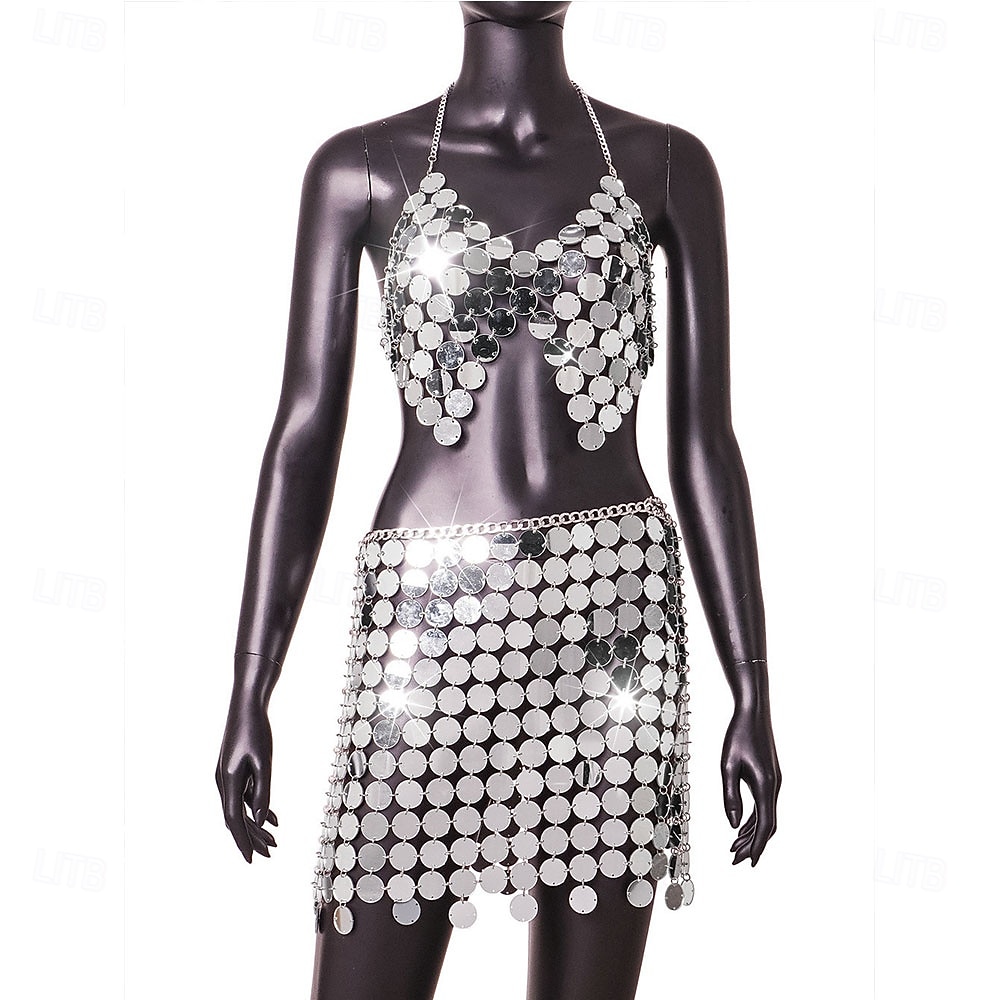 Abbigliamento da ballo Samba Mini dress con paillettes lucide da donna – Outfit senza schiena a collo alto in disco metallico per festa nightclub rave|l Costume da spettacolo del 2026 a $67.99 –P2