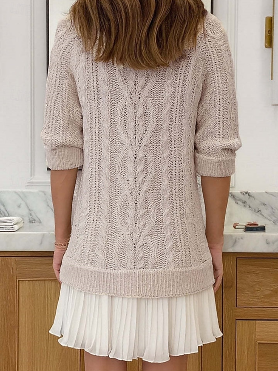 Damen Pullover Pullover Kleid Elegant Lässig Weich Einfarbig Gerippt Rundhalsausschnitt Patchwork Gestrickt Langarm Lange Oberteile Stricken Outdoor Täglich Wochenende Schwarz Rosa Herbst Winter 2026 - $48.99 –P7