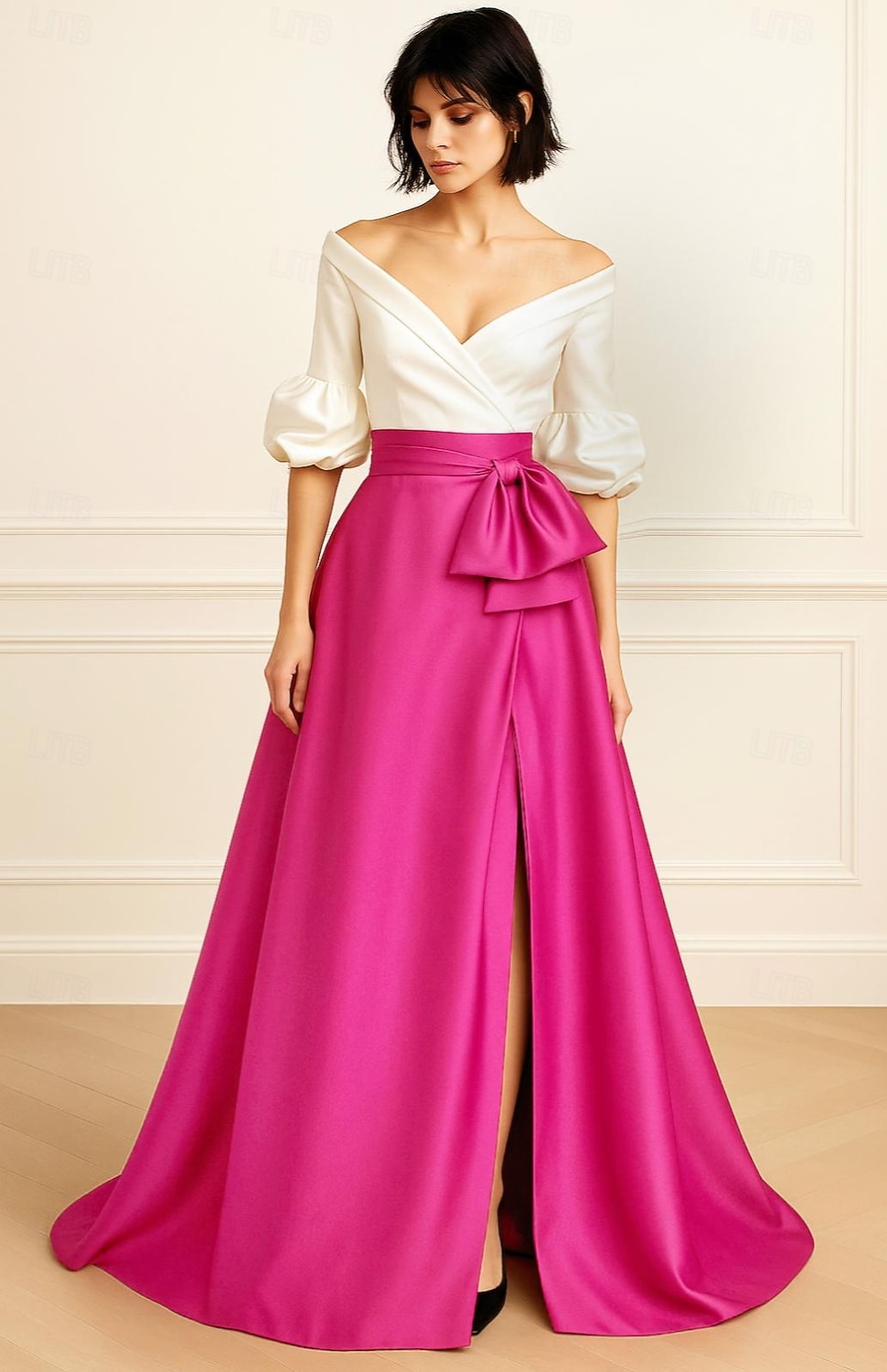 Linea ad A Lunghezza al pavimento Abito da Sera Abito formale Elegante Spacco Alto Manica 3/4 Senza Spalle Matrimonio Formale Raso con Fiocco/Fiocchi del 2026 a $137.99 –P1