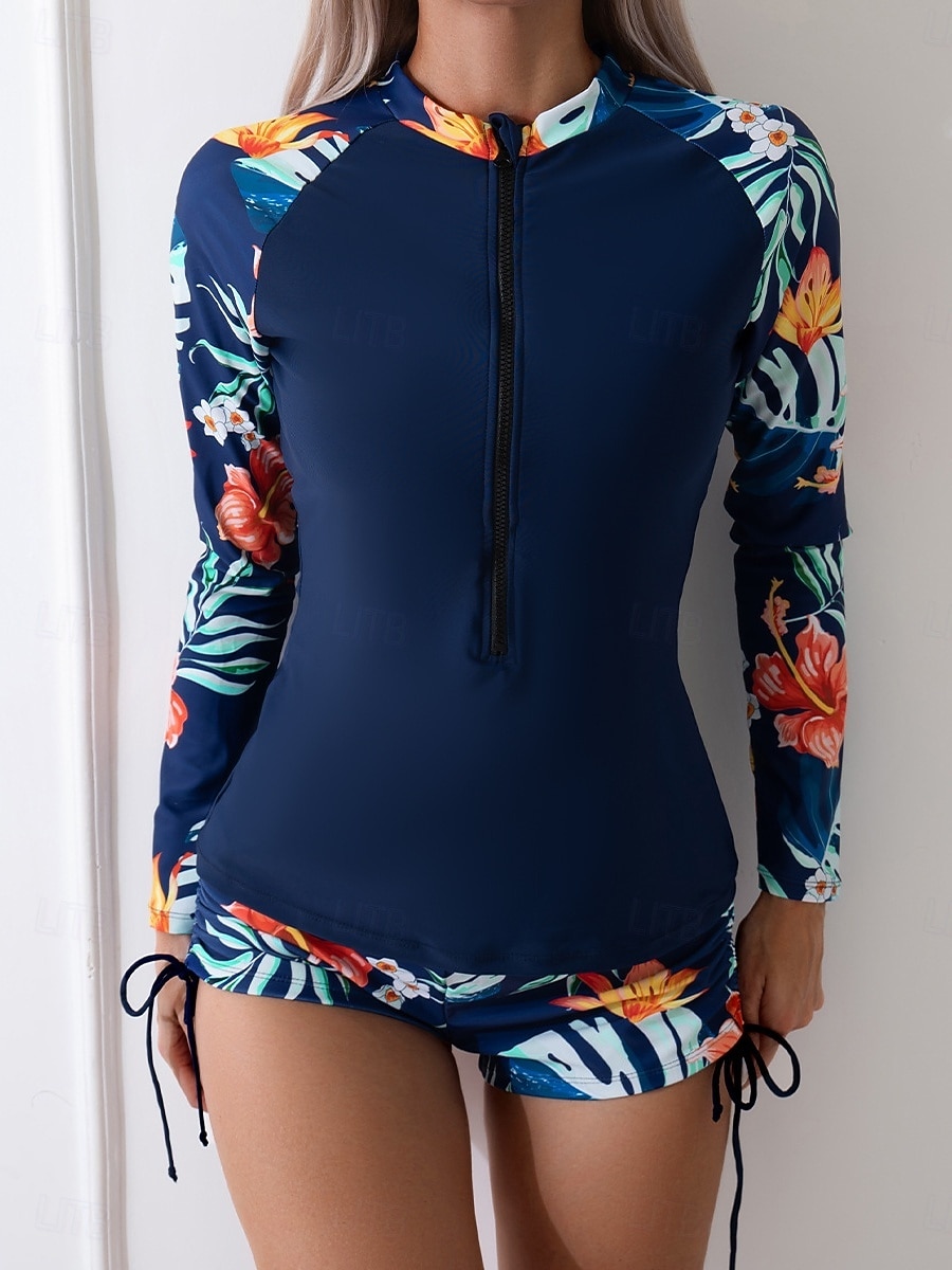 Женский танкини из 2 предметов купальник с молнией спереди пальмы шорты контроль живота высокая талия узкий спина без бретелек пляжная одежда цветочный листья высокий вырез длинные рукава 2026 - $33.99 –P2