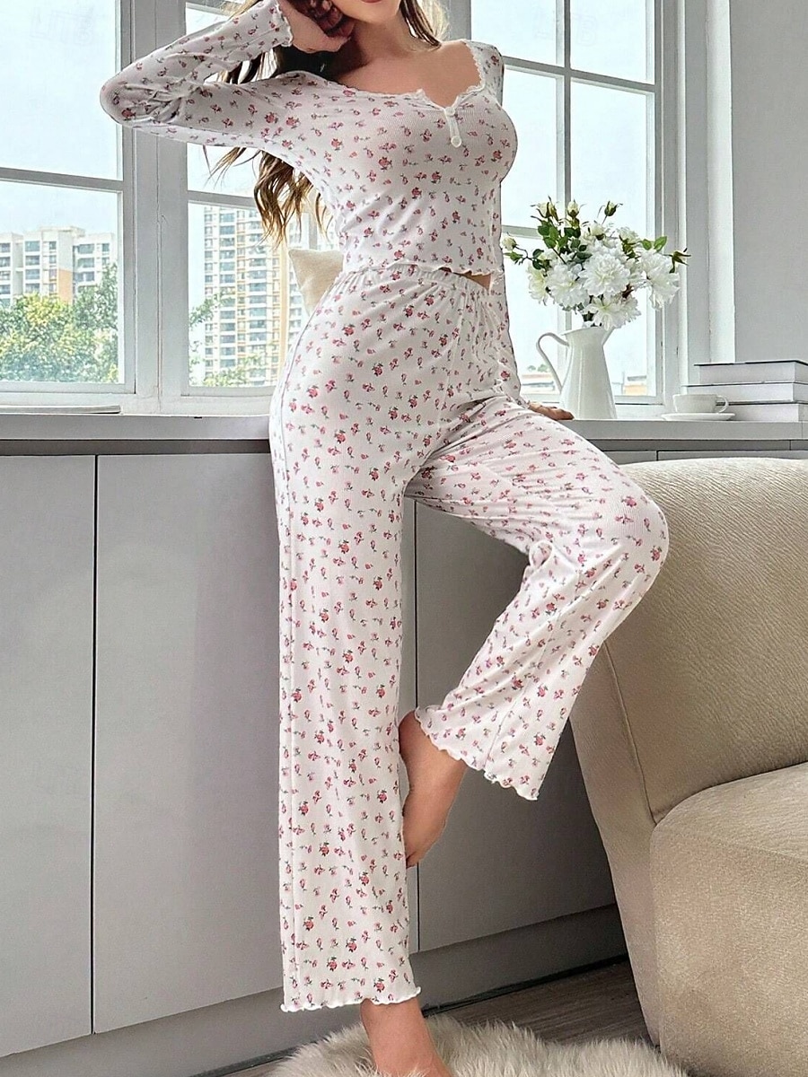 Dame Pyjamas Sett Fritid Komfort Blomstret Elastisk midje Bukse Hjem Daglig Langermet U-hals Hvit Gul Rosa Lilla Vår Høst Normal 2026 - $21.99 –P11