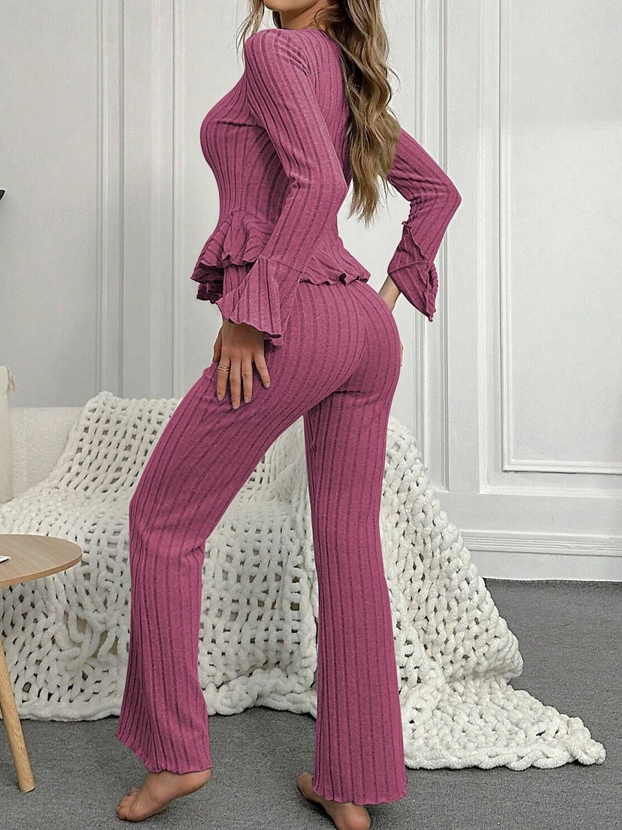 Femmes Ensemble Pyjama Occasionnel Confort Couleur Unie Taille Élastique Pantalon Maison Quotidien manche longue Col en V Noir Vin Fuchsia Gris Printemps Automne Hiver Coupe régulière de 2026 ? $21.99 –P13