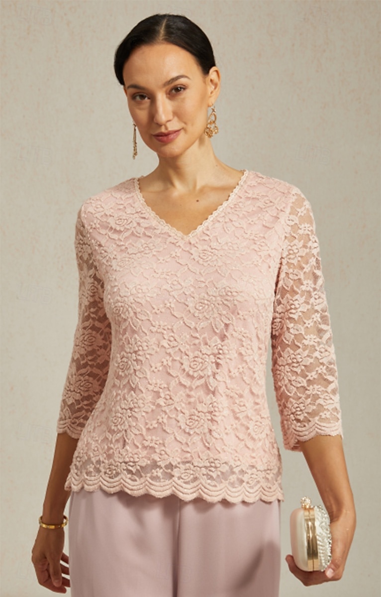 Women's Lace Shirt Blouse Lace Floral Elegant Long Sleeve V Neck Regular Tops Daily Wedding Guest Cute Outfits Pink Summer Spring Fall Winter 2026 - $35.99 –P1