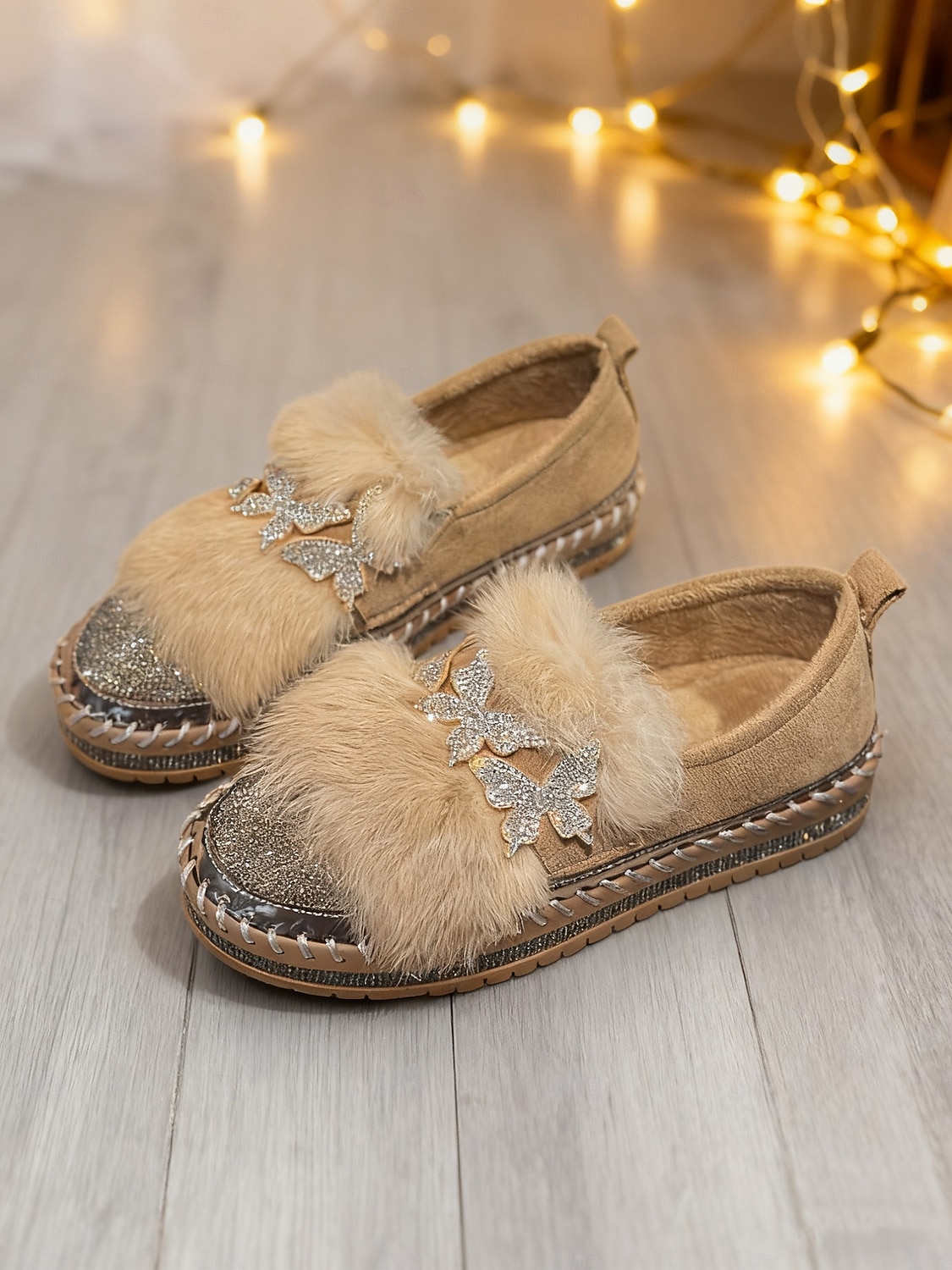 Damen-Loafer mit Strass-Schmetterling und Kunstpelz – funkelnde Slipper für Partys und Club-Outfits &Winter-Glamour-Stil 2026 - $42.99 –P6