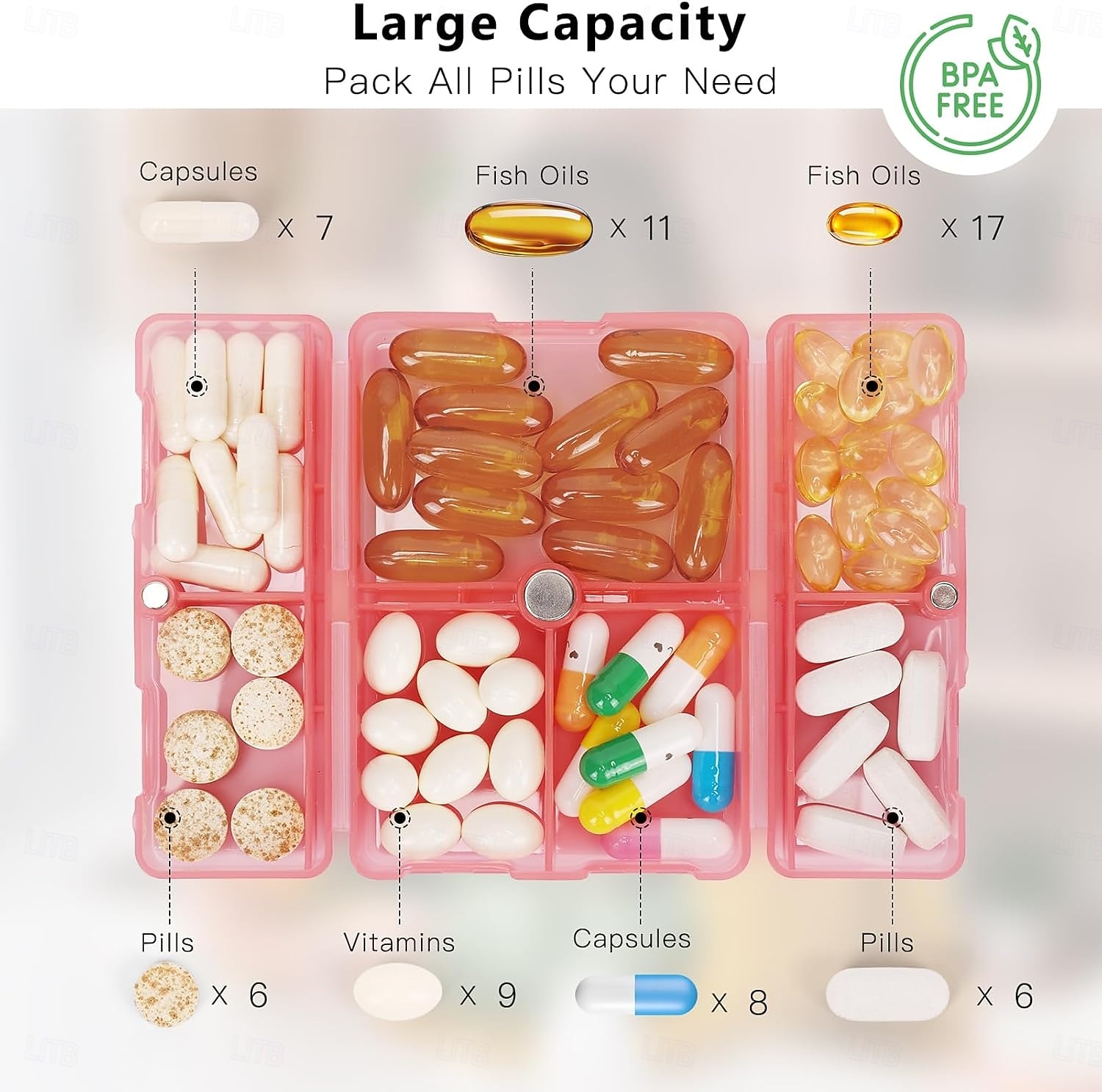 منظم حبوب يومي، 7 حجرات محمولة لتنظيم حبوب السفر، [تصميم قابل للطي] صندوق حبوب لجيب المحفظة لحمل الفيتامينات وزيت كبد سمك القد والمكملات الغذائية والأدوية - أحمر شفاف 2026 - $9.99 –P5