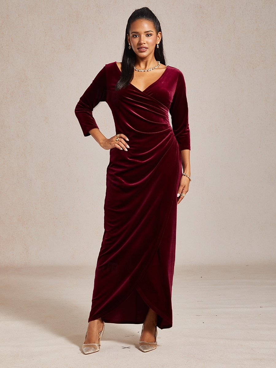Women's Maxi Dress Wrap Dress Velvet Dress Elegant Wedding Guest Evening Party Cocktail Party Solid Color 3/4 Length Sleeve V Neck Eggplant Winter 2026 - $53.99 –P7