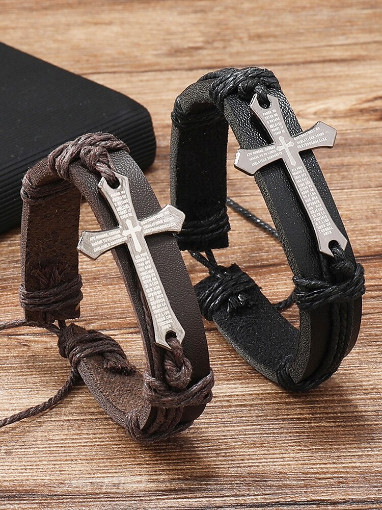 Miesten keinonahkainen ristirannekoru, säädettävä koko, kestävä ja tyylikäs, sopii erinomaisesti arkeen ja vapaa-aikaan 2026 - $7.99 –P3