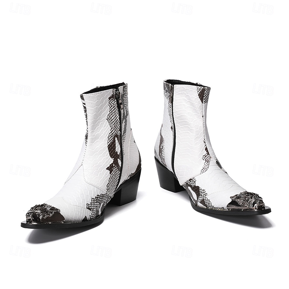 Botas masculinas em couro legítimo preto e branco com estampa exclusiva - calçado moderno para homens antenados em moda e para ocasiões casuais. de 2026 por $159.99 –P6