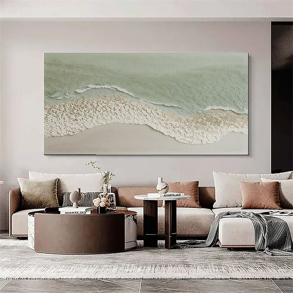 Hand painted Green Texture Sea oil painting handmade Wall Art Large Green Coastal Painting White Ocean Waves 3D Plaster Painting Minimalist Beach oil painting Wall Art painting Living Room Wall Art 2026 - $82.99 –P1