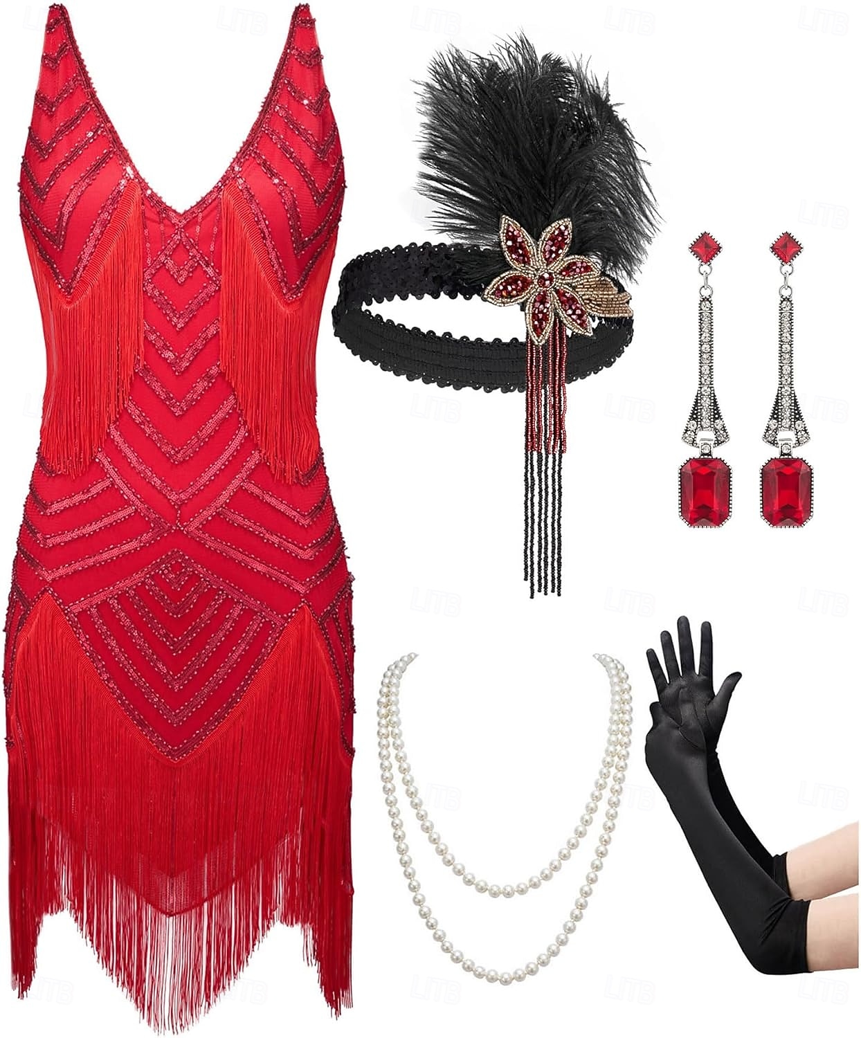 Set Roaring 20s 1920s Mini Dress Flapper Dress Outfits with Accessories Sleeveless The Great Gatsby Charleston Sequins Tassel Fringe Feather Deep V Fancy Dress Women's Carnival New Year Masquerade 2026 - $79.99 –P1