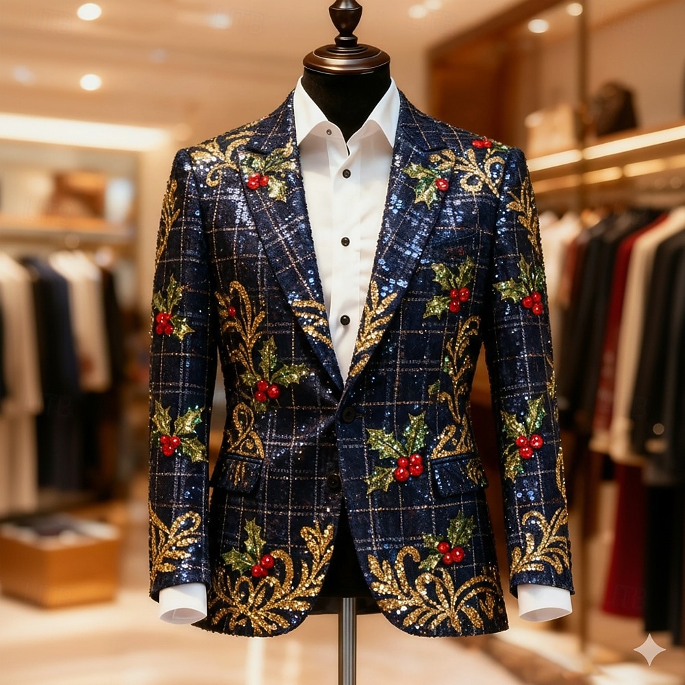 Jul Herre Grafisk Blazer jakke Frakk Bekvem Kunstnerisk Fritid Festkveldsklær Daglig Festival 3D-utskrift Knapper Høst vinter Med hakk Langermet Blå Rød Lilla 2025 - $64.99 –P4
