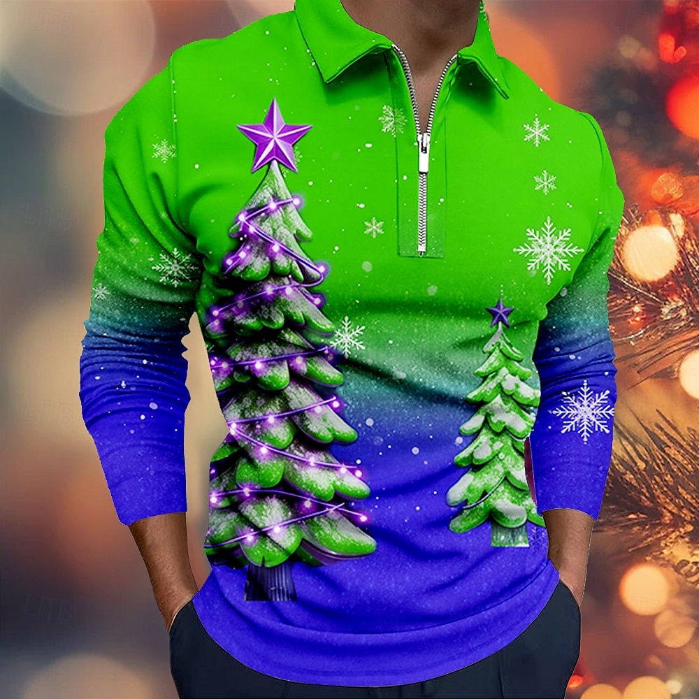 Jul Herr Julgran Polo Långärmad Polotröjor Kavajslag Ledigt Helgdag Dagliga kläder Festivalkläder 3D-utskrift Quarter Zip Polo Vår Höst Vinter Blå Sjöblå Rubinrött 2025 - $22.99 –P2