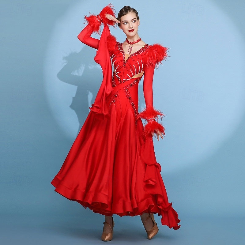 Gesellschaftstanz Kleid Falten Spleißen Kristalle / Strasssteine Damen Leistung Training Langarm Hoch Spandex Netzstoff Kunst-Seide 2026 - $1384.09 –P3