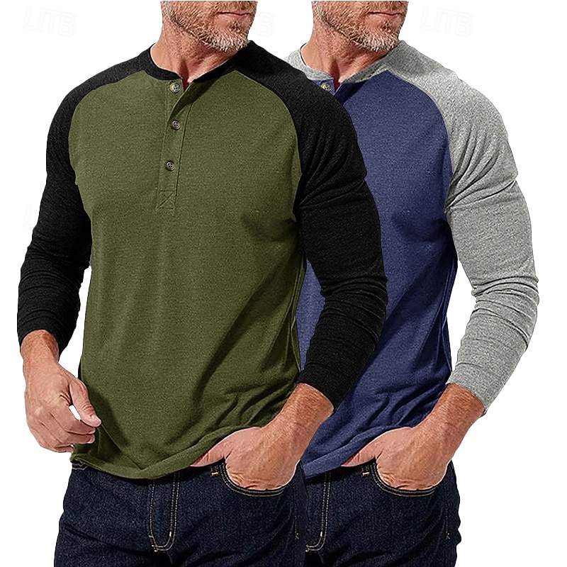 2-teiliges Henley-Shirt für Herren, Baseball-T-Shirt, Kurzarm, Farbblock-Design, Basic, Boho-Stil, Raglanärmel, für Outdoor, Freizeit, Alltag, Sommer, Herbst, alle Jahreszeiten, schwarzes 2026 - $40.99 –P4