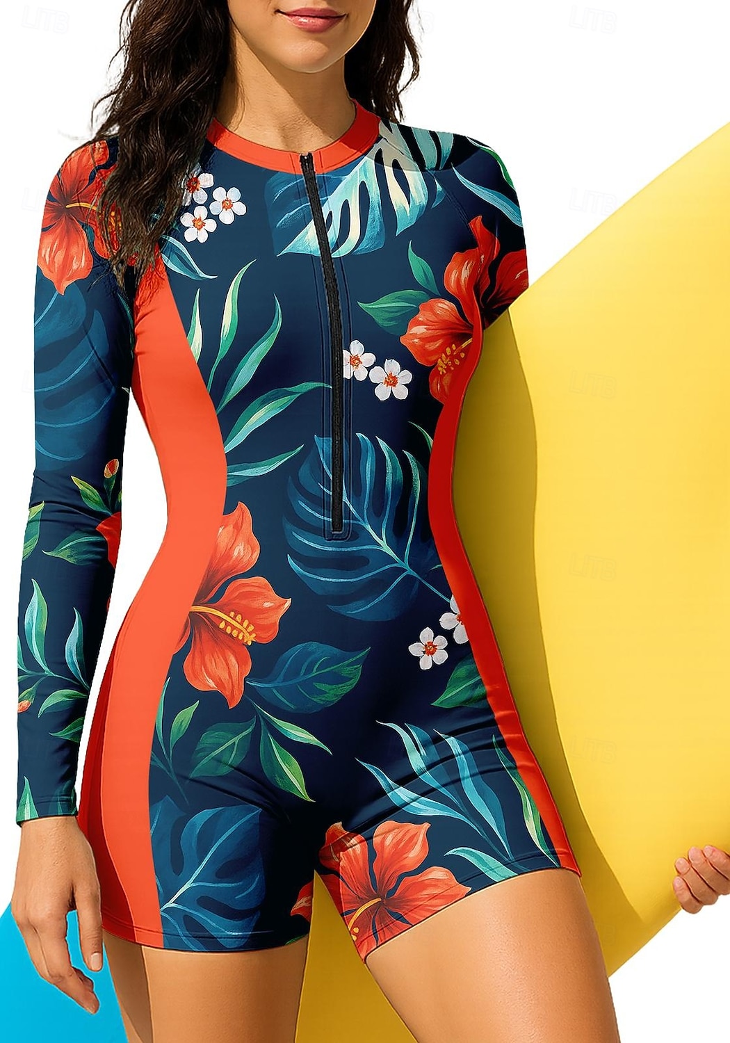 Per donna Top sottomuta Costume da bagno Boyleg Floreale Con zip Imbottitura rimovibile Cerniera Frontale Protezione Solare UV UPF50+ Ultra Leggero (UL) Manica Lunga Costume da Bagno Top sottomuta del 2026 a $35.99 –P1