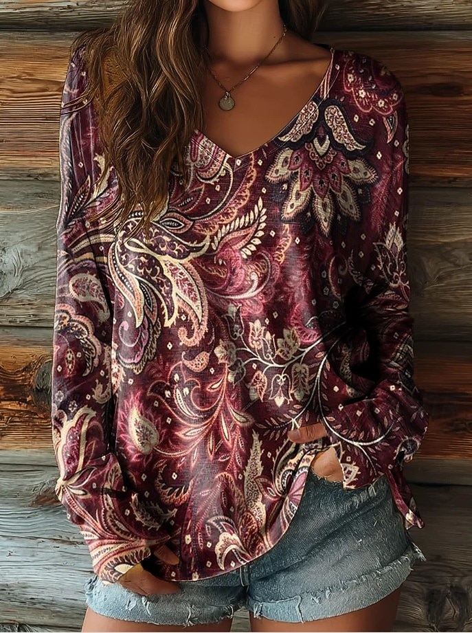 Dame Boho T-skjorte Grafikk Planter Tribal Vintage Stilfull Klassisk Langermet V-hals Vanlige Topper Daglig Trykk Blå Lys Grønn Vin Marineblå Fuchsia Vår Høst Vinter 2026 - $24.99 –P7
