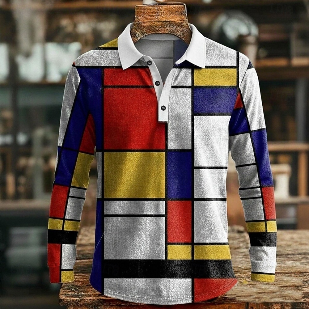 Men's Color Block Geometic Polo Long Sleeve Polo Shirts Lapel Casual Outdoor Athleisure Daily Wear 3D Print Buttons Spring Fall Winter Blue Red Green 2026 - $22.99 –P1