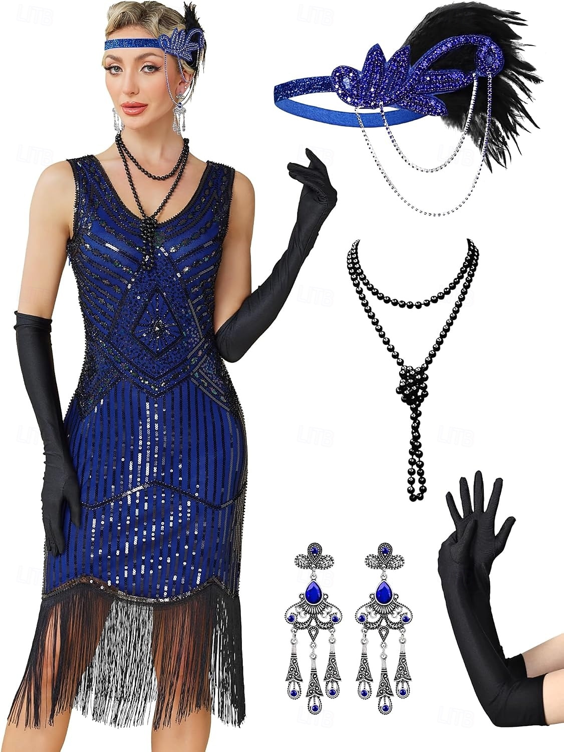 Conjunto Loucos anos 20 Anos 20 Até os Joelhos Vestidos Vestido melindroso Roupa com acessórios Sem Mangas O Grande Gatsby charleston Paetês Franjas Pena Decote V Fantasia Mulheres Carnaval Ano Novo de 2026 por $69.99 –P4