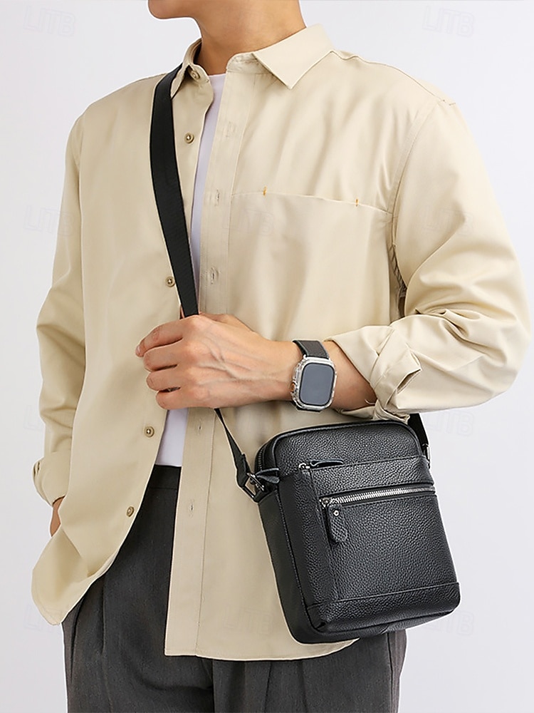 borsa a tracolla da uomo in vera pelle – borsa a tracolla nera e marrone con più tasche con cerniera, elegante e resistente per il lavoro e le uscite informali del 2026 a $18.99 –P1