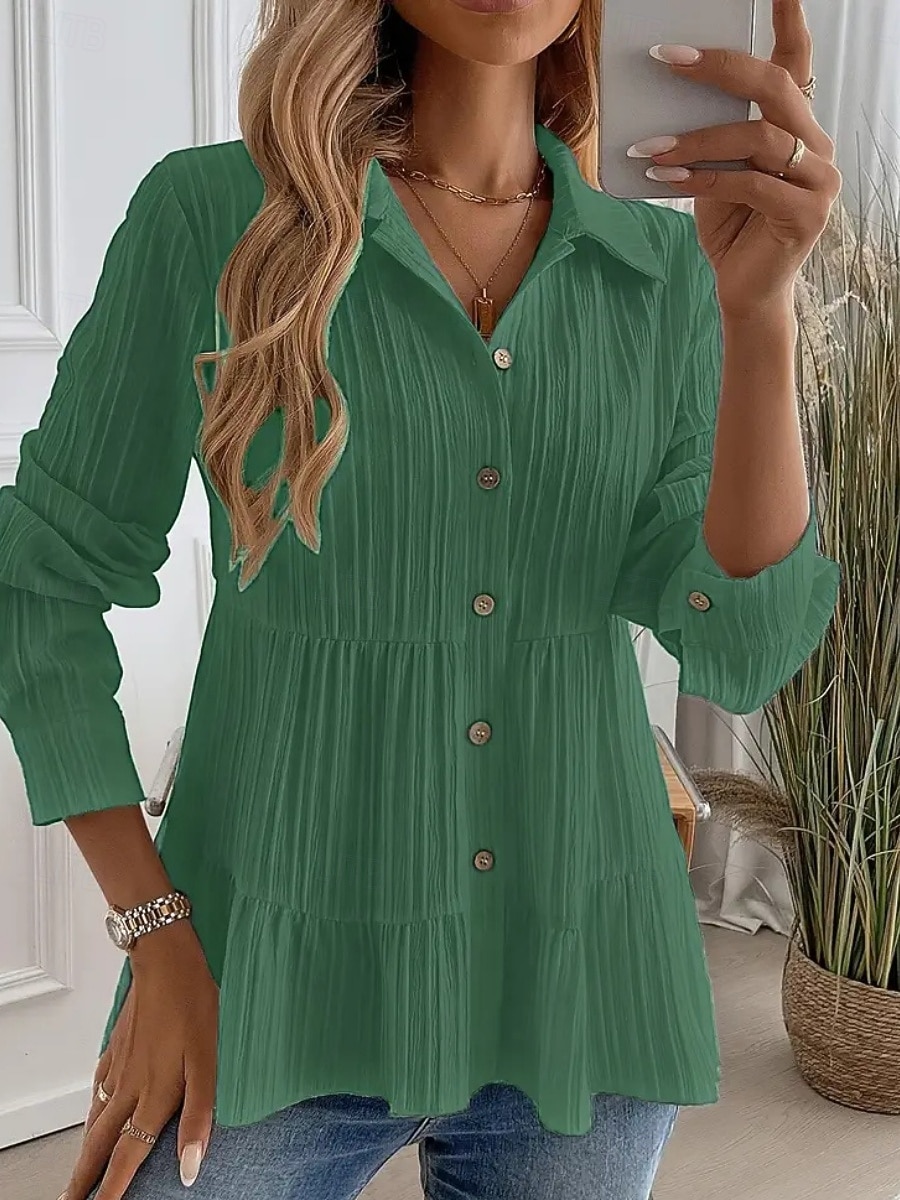 Damen Bluse Gerafft Knöpfe Einfarbig Stilvoll Lässig Langarm Hemdkragen Normale Oberteile Täglich Salbeigrün Schwarz Rote Marineblau Aprikose Frühling Herbst Winter 2026 - $26.99 –P12