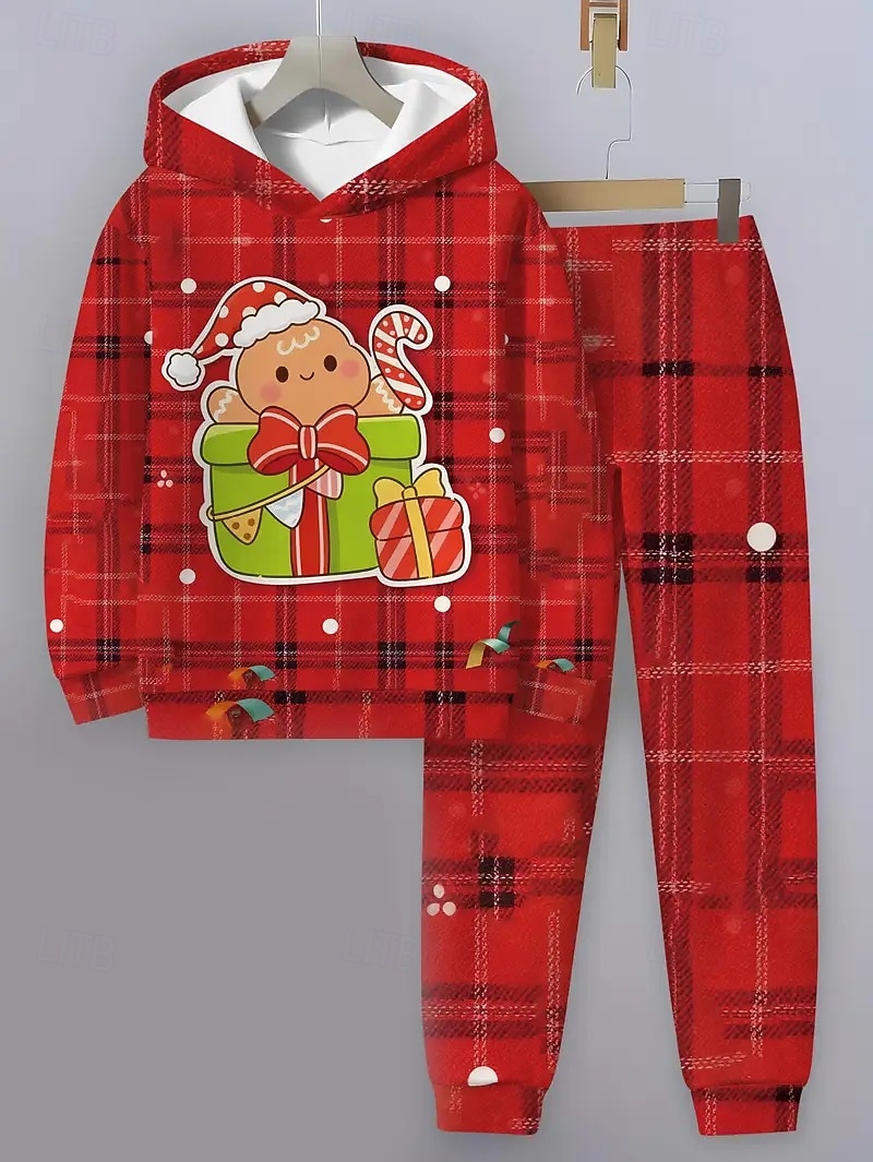 Kerstmis Jongens 3D Grafisch Ruitjes Peperkoek mannen Kerstsets kerstcadeau Set met capuchon en joggingbroek Lange mouw Lente Herfst Dagelijks Basic Casual Kinderen 4 jaar + Capuchon Buiten Vakantie 2025 - $26.99 –P6
