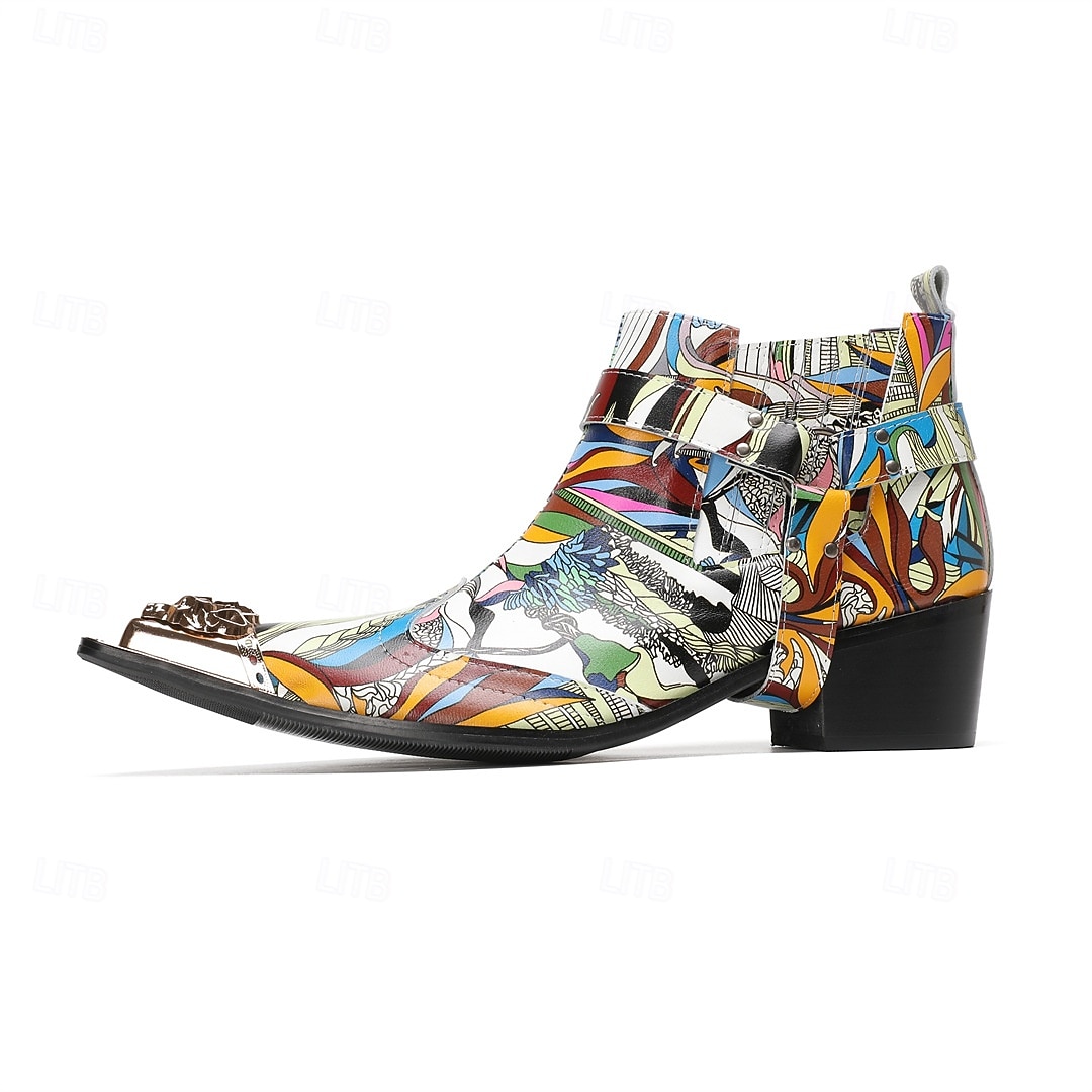 Miesten värikkäät ja taiteelliset aidosta nahasta valmistetut nilkkurit - monivärinen muotoilu vetoketjulla ja kiiltävillä metallisilla yksityiskohdilla, ihanteellinen muodikkaaseen vapaa-ajan käyttöön ja erityistilaisuuksiin 2025 - $139.99 –P3