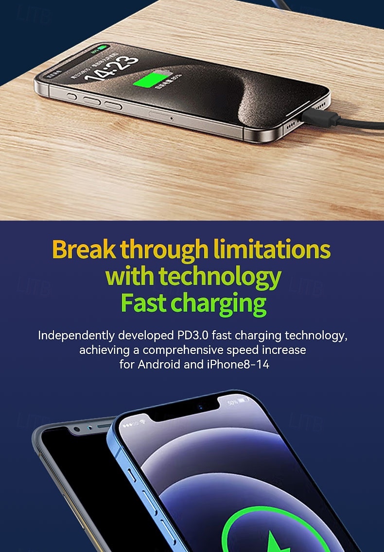 מטען אולטרה מהיר של גן 120 וואט PD3.0 סוג C תאורה כפולה יציאת O כבל נשלף טלפון נייד מחשב נייד טעינה מהירה 2025 - $21.99 –P6