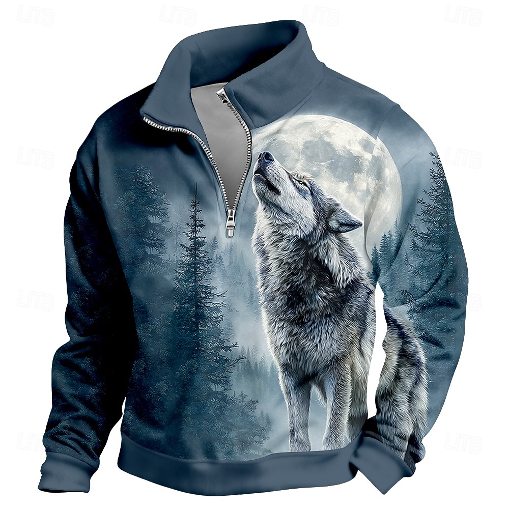 Herren MOON Wolf Pullover 3D Vintage-Retro Stehkragen Outdoor Arbeit Geschenk Blau 1 Blau 3# Blau 2# Blau Reißverschluss Herbst Winter Designer S M L XL XXL XXXL 2025 - $26.99 –P2