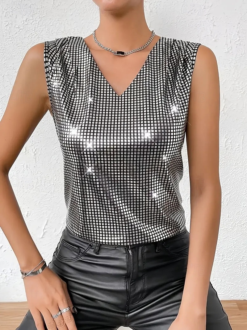 Per donna Canotta a canotta Paillettes Tinta unica Festa Elegante Senza Maniche Scollo a V Top Regolari Ferie Uscire Argento Oro Estate Primavera Autunno del 2026 a $21.99 –P1