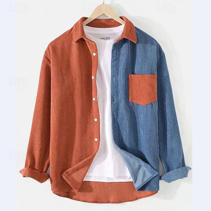 Муж. Рубашка Повседневная рубашка Вельветовая рубашка Кнопка рубашка Синий Оранжевый Длинный рукав Контрастных цветов Лацкан Повседневные на открытом воздухе Карман Одежда 2026 - $26.99 –P1