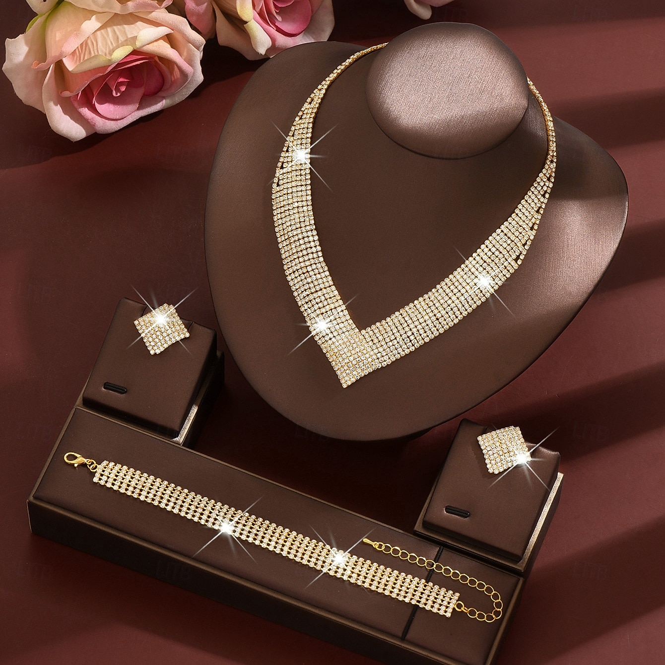 Conjunto de joias femininas douradas com strass - colar e pulseira deslumbrantes e brilhantes &Brincos, acessórios glamorosos para festas de casamento e eventos noturnos. &eventos especiais de 2026 por $24.99 –P3