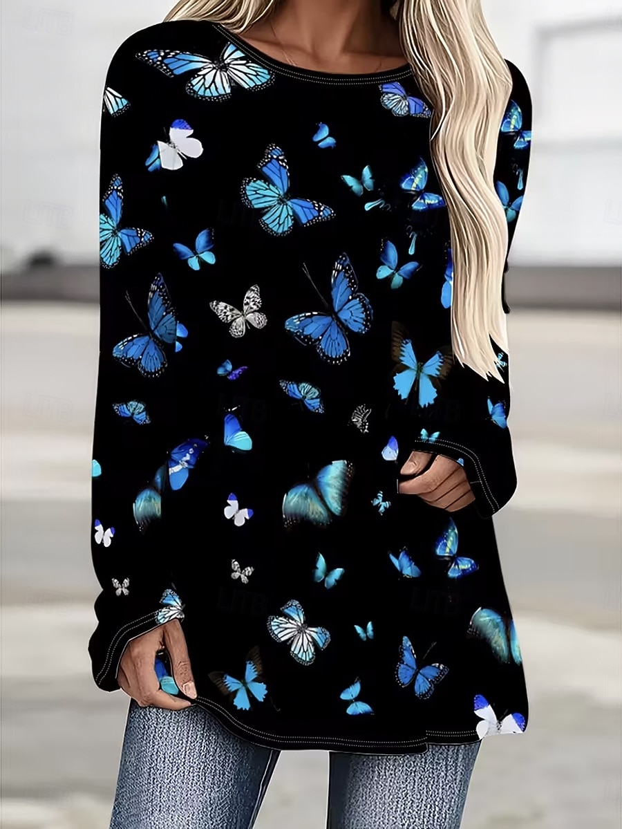 Γυναικεία Μπλουζάκι Στάμπα Γραφική Ζώο Πεταλούδα Βίντατζ Στυλάτο Κλασσικό Μακρυμάνικο Στρογγυλή Ψηλή Λαιμόκοψη Στρογγυλή Λαιμόκοψη Κανονικά μπλουζάκια Καθημερινά Μαύρο Πορτοκαλί Άνοιξη Φθινόπωρο 2026 - $26.99 –P2