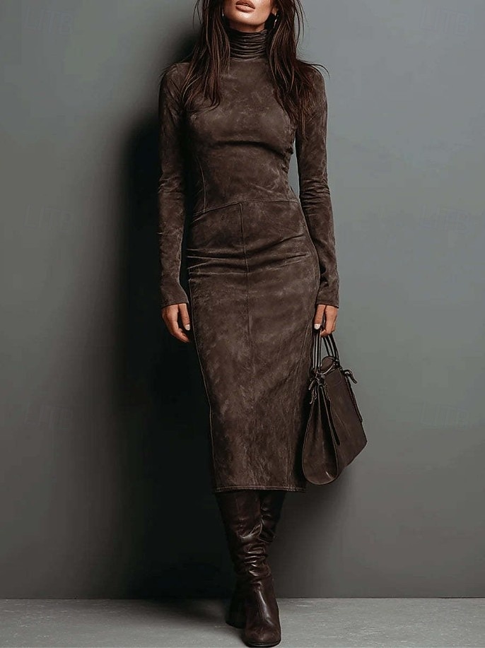 Mulheres Vestido midi Vestido da bainha Férias Casual Boho Diário Encontro Delgado Tecido Manga Longa Gola Alta Marron Escuro Castanho Claro Cinzento Outono Inverno de 2026 por $12.49 –P1