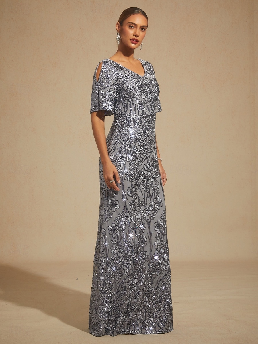 Per donna Abito maxi Tubino Abito a sirena Elegante Spalle scoperte Festa serale Paillettes Pizzo Ricamato Vestibilità regolare Floreale Mezza Manica Scollo a V Grigio del 2026 a $208.19 –P8