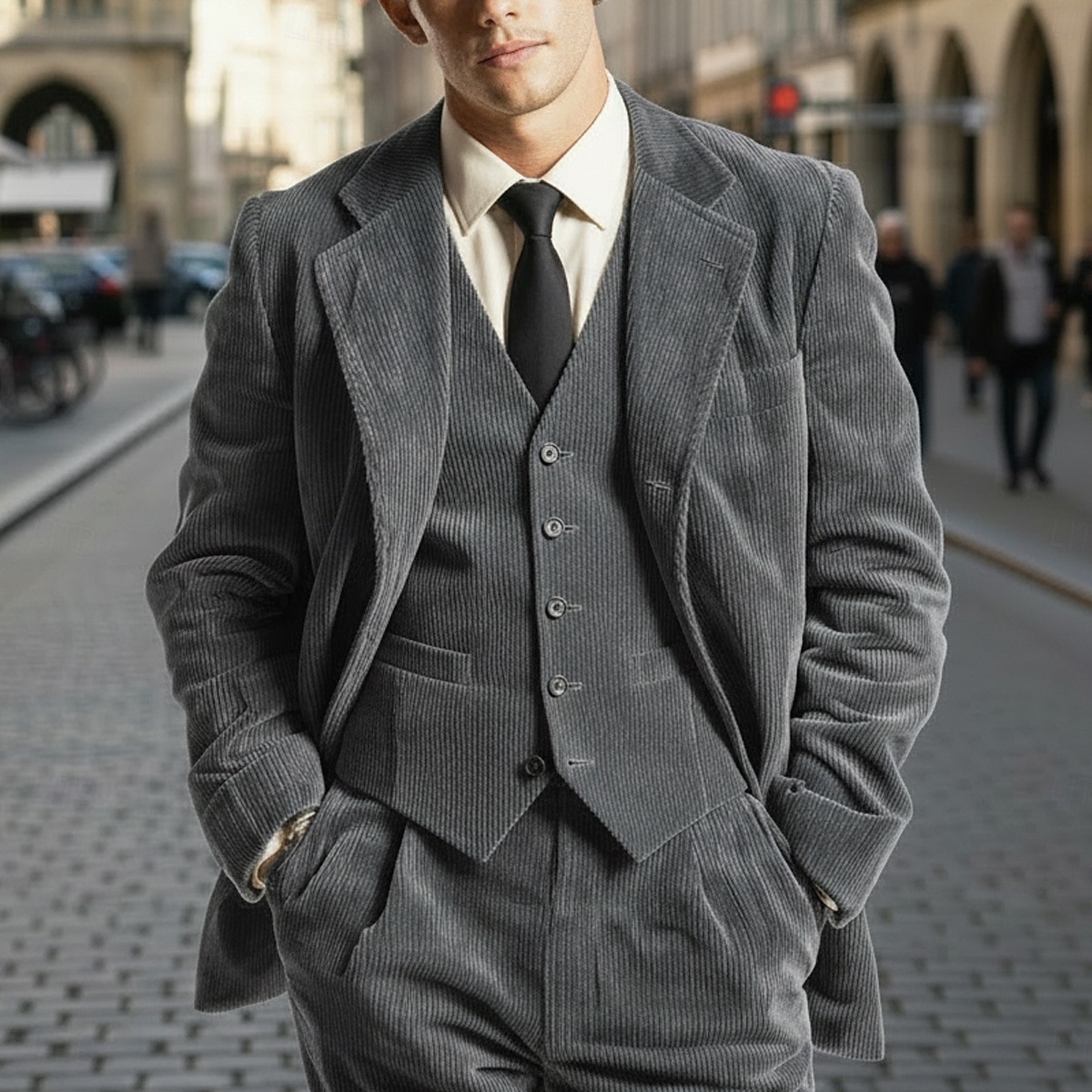 Uomo Abito in velluto a coste Casuale Affari Nero Borgogna Autunno & Inverno Tuta Bavero classico Quotidiano Affari A righe Vestibilità su misura 3 pezzi Monopetto Due Bottoni del 2026 a $139.99 –P1