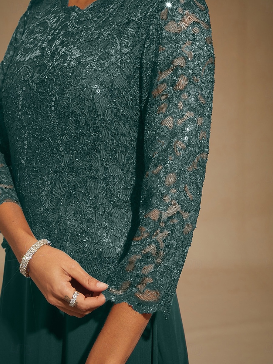 Dames Maxi-jurk Chiffon jurk Elegant Bruiloft gast Avond Feest Normale pasvorm Effen Kleur 3/4 mouw Strakke ronde hals Smaragdgroen Lente Herfst Winter 2025 - $151.99 –P3