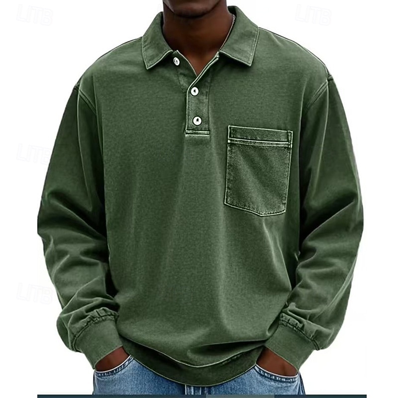 Herren Poloshirts Golfshirt Lässig Straße Revers Langarm Basic Modern Einfach Tasche Knöpfe Frühling Herbst Normale Passform Violett Marineblau Fuchsie Khaki Armeegrün Grau Poloshirts 2026 - $31.99 –P3
