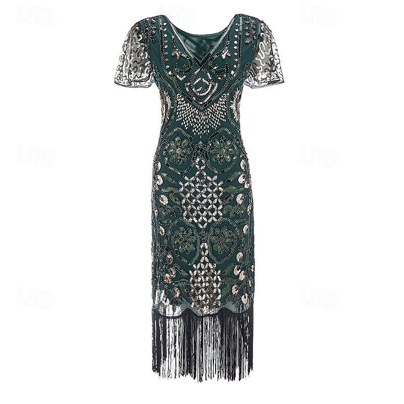 Loucos anos 20 Anos 20 Meio-dia Vestido melindroso Mangas curtas O Grande Gatsby Menina melindrosa Paetês Franja Tubinho Decote V Fantasia Mulheres Natal Carnaval bar clandestino Mascarilha Festa de 2026 por $42.99 –P2