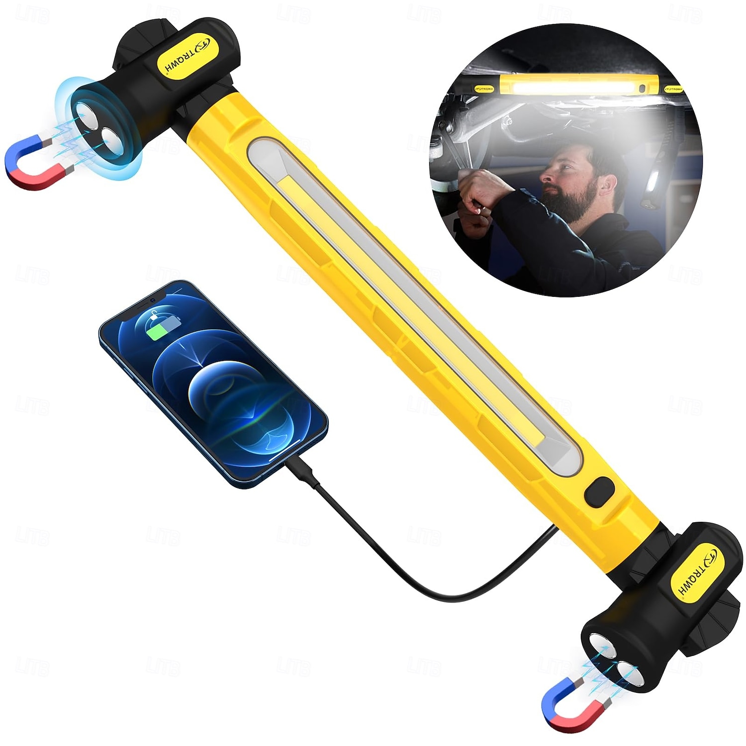 Pracovní světlo pro mechaniky pod kapotu s háčky - 3200lm 6000mah dobíjecí přenosné magnetické LED pracovní světlo pro opravu auta, garáž, dílnu, kempování, žluté 2026 - $69.99 –P1