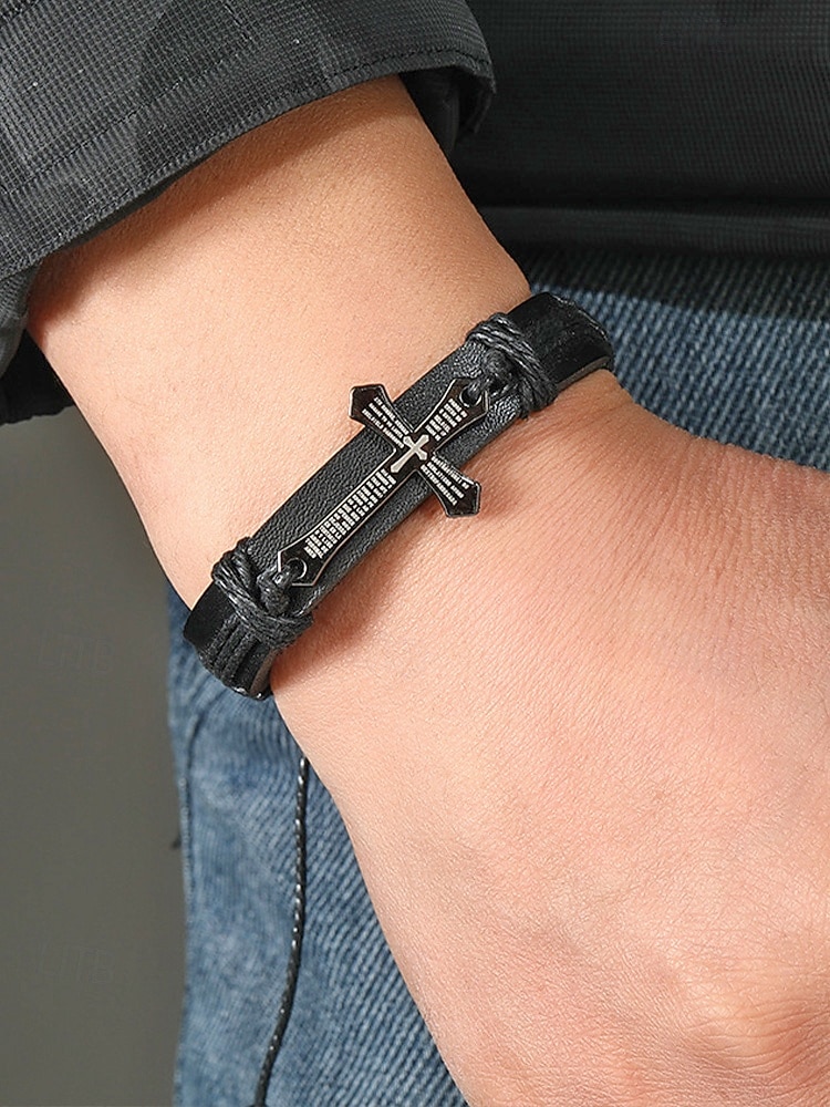 Miesten keinonahkainen ristirannekoru, säädettävä koko, kestävä ja tyylikäs, sopii erinomaisesti arkeen ja vapaa-aikaan 2026 - $7.99 –P2